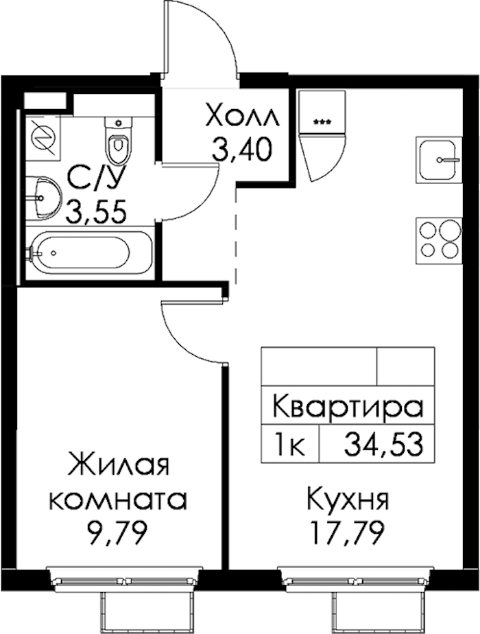1-комнатная квартира 34.53 м², 11/15 эт., ЖК «Янинский лес»